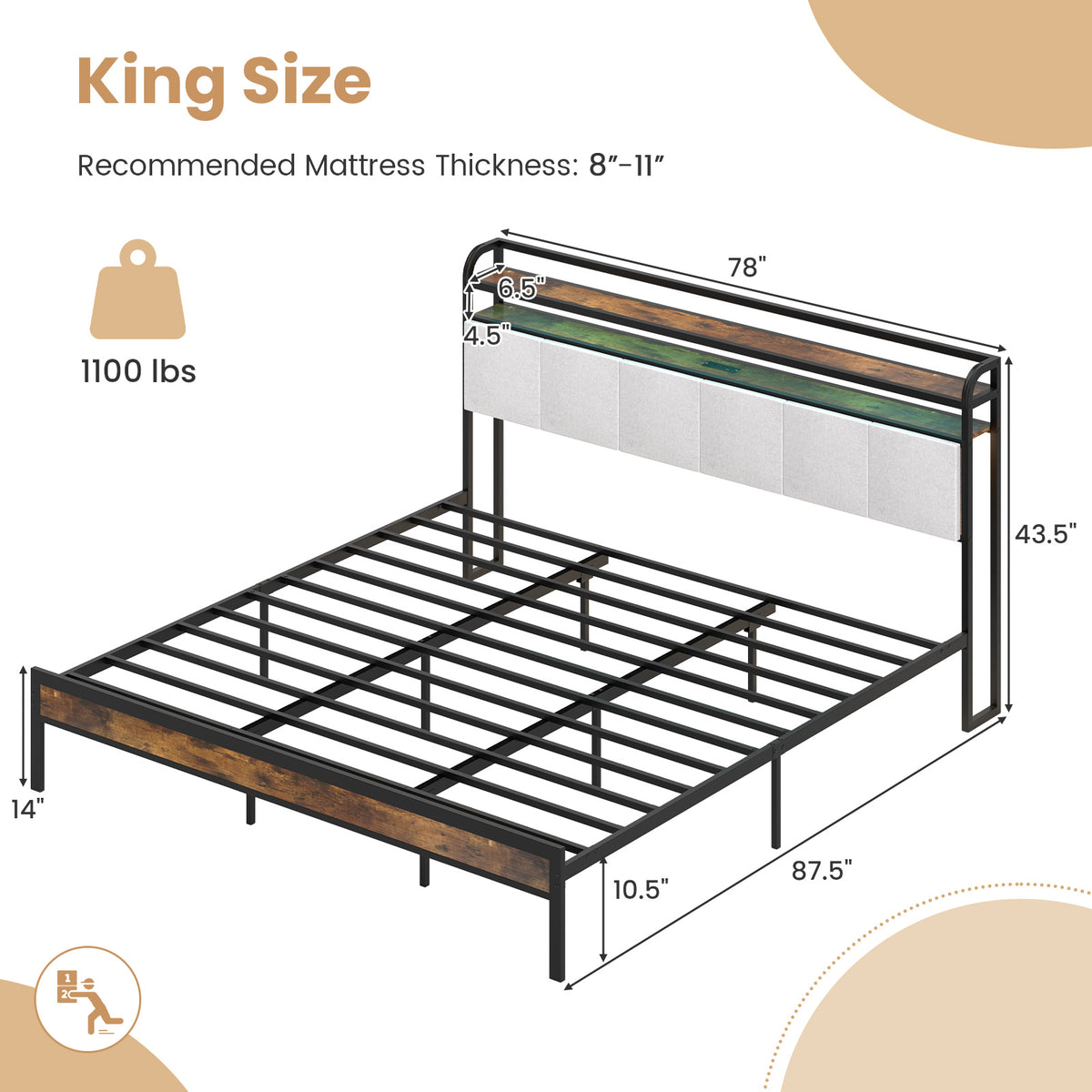 King size bed frame with built-in LED lights and charging station, made of sturdy furniture for bedroom comfort and style.