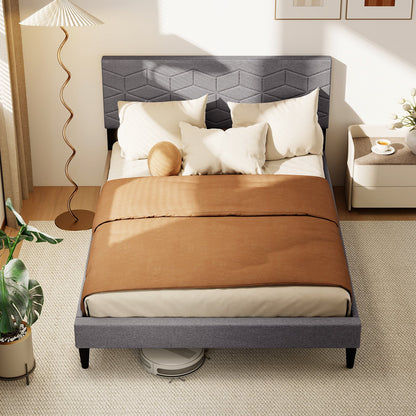 Twin/Full/Queen Size Bed Frame Modern Platform Bed with Linen Fabric Upholstered Headboard-Queen