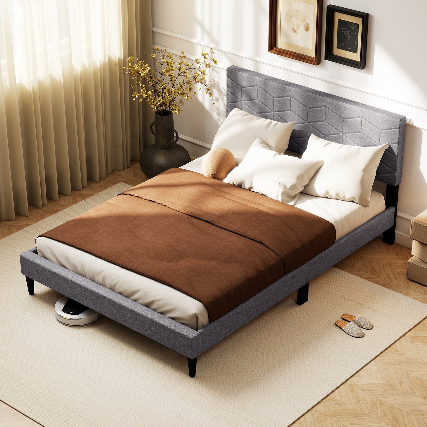 Twin/Full/Queen Size Bed Frame Modern Platform Bed with Linen Fabric Upholstered Headboard-Queen
