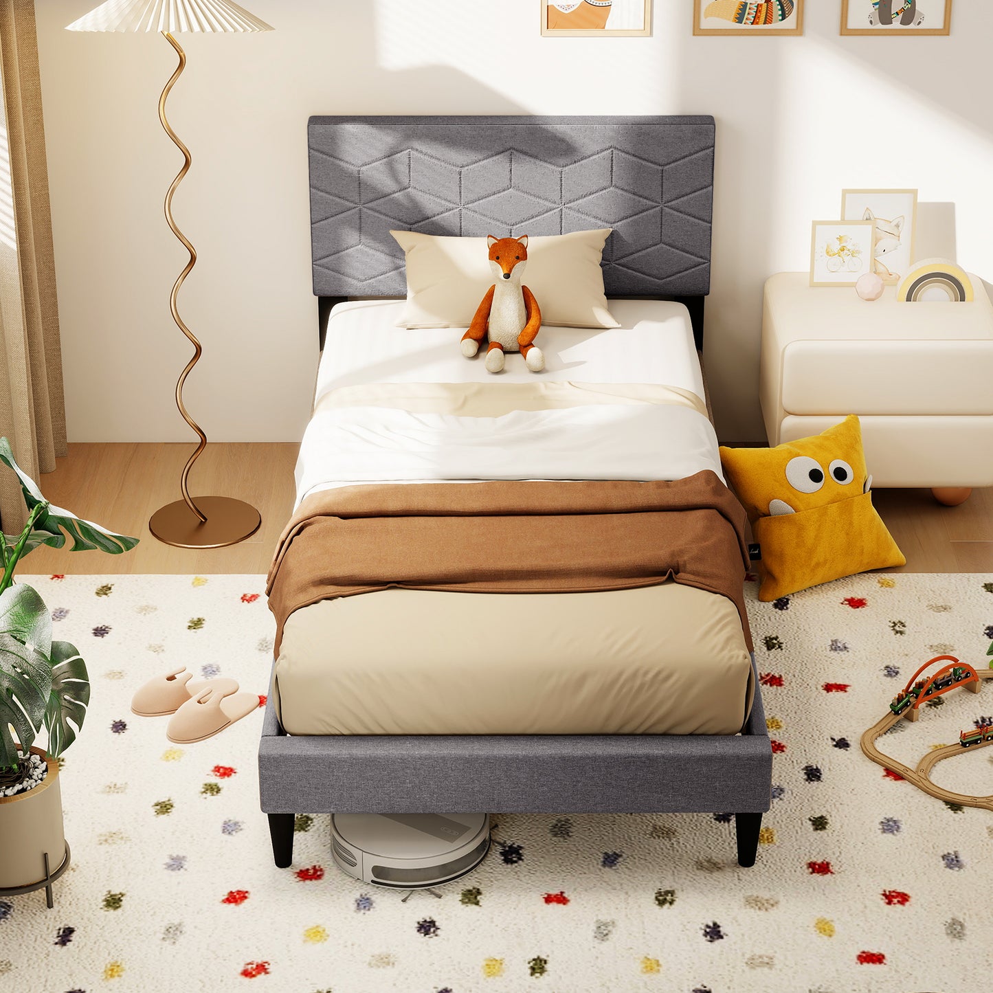Twin/Full/Queen Size Bed Frame Modern Platform Bed with Linen Fabric Upholstered Headboard-Twin