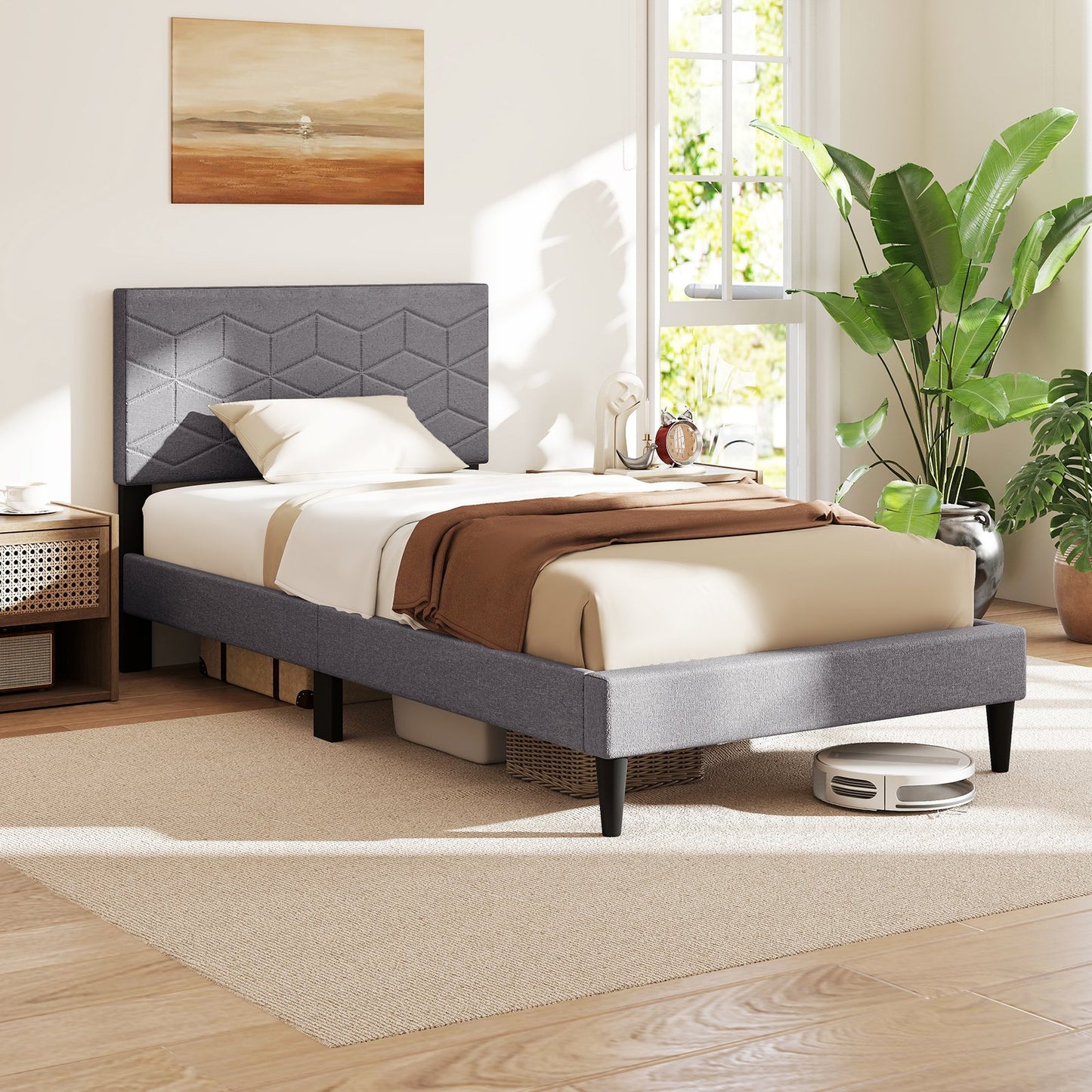 Twin/Full/Queen Size Bed Frame Modern Platform Bed with Linen Fabric Upholstered Headboard-Queen