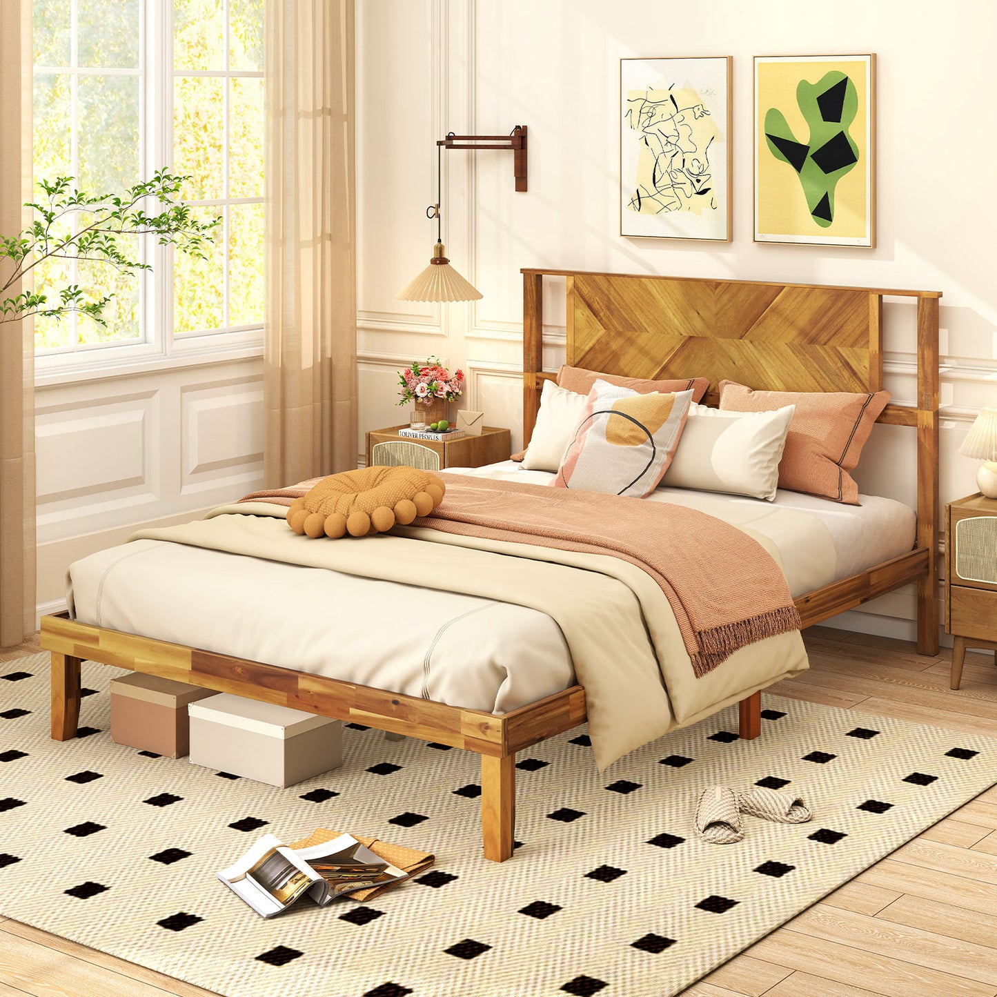 Twin/Full/Queen Size Bed Frame Mid-Century Acacia Wood Platform Bed with Headboard-Twin Size