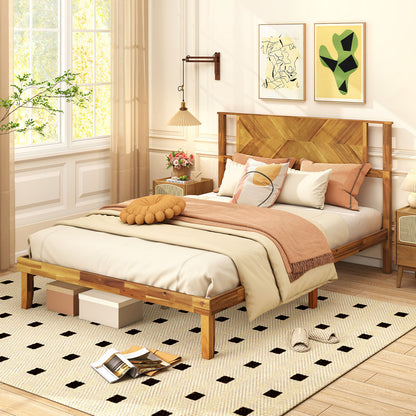 Twin/Full/Queen Size Bed Frame Mid-Century Acacia Wood Platform Bed with Headboard-Twin Size
