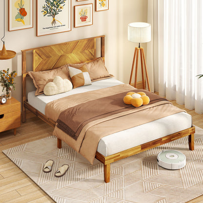 Twin/Full/Queen Size Bed Frame Mid-Century Acacia Wood Platform Bed with Headboard-Twin Size