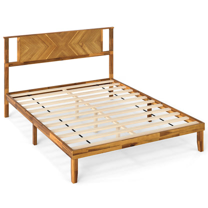 Twin/Full/Queen Size Bed Frame Mid-Century Acacia Wood Platform Bed with Headboard-Twin Size