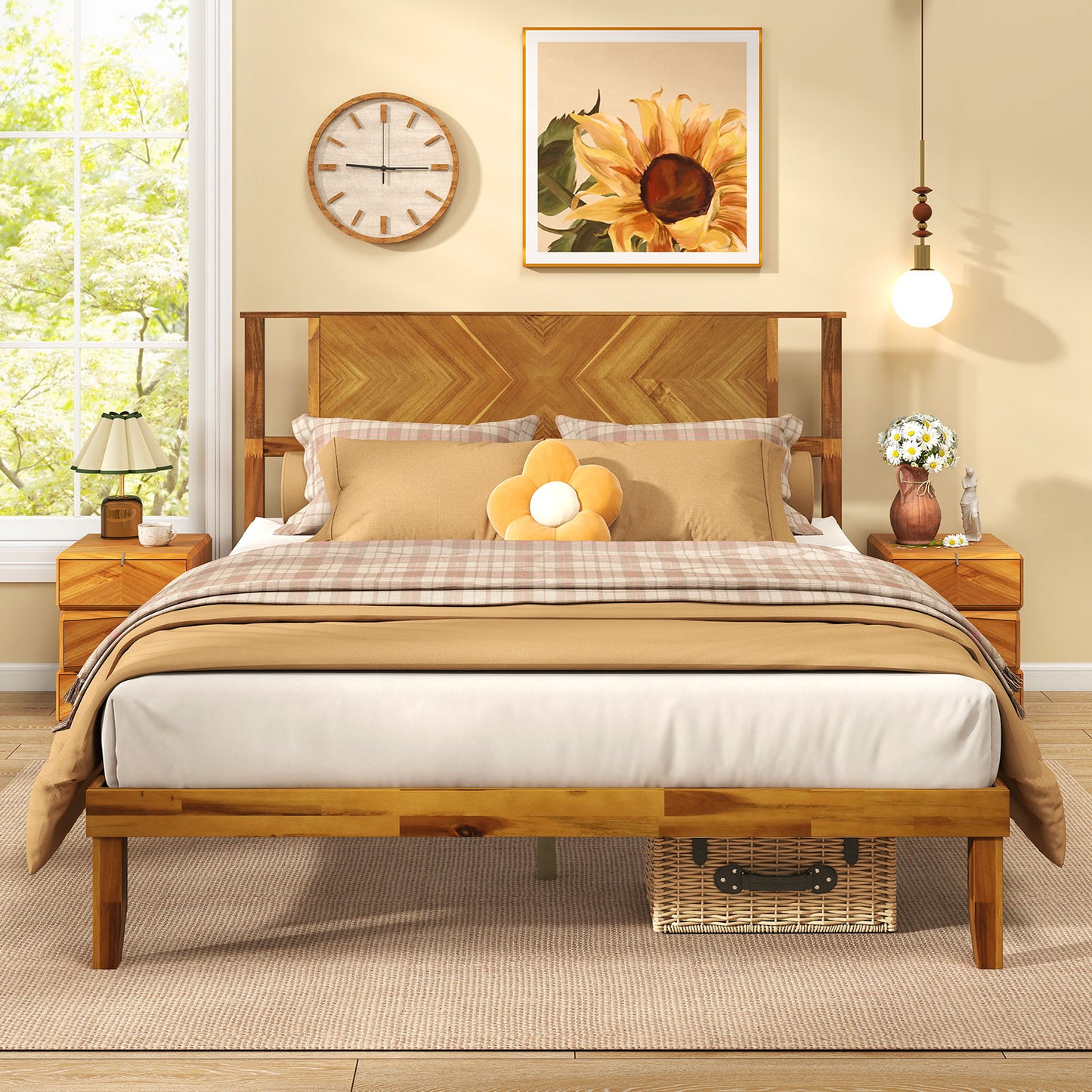 Twin/Full/Queen Size Bed Frame Mid-Century Acacia Wood Platform Bed with Headboard-Twin Size