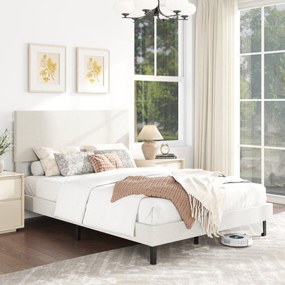 Queen Size Velvet Bed Frame Upholstered Platform Bed with Chevron Headboard Beige
