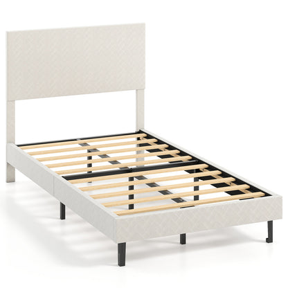 Queen Size Velvet Bed Frame Upholstered Platform Bed with Chevron Headboard Beige