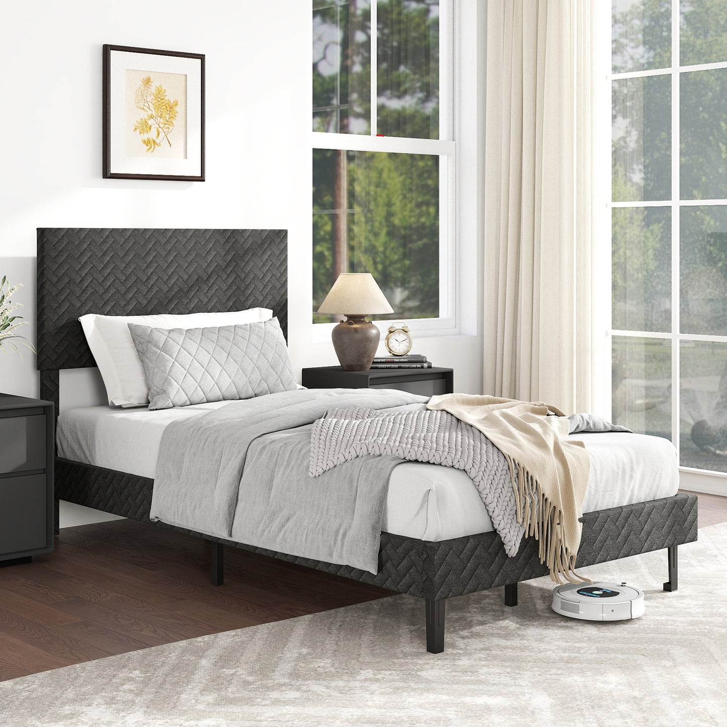 Full Size Velvet Bed Frame Upholstered Platform Bed with Chevron Headboard Gray