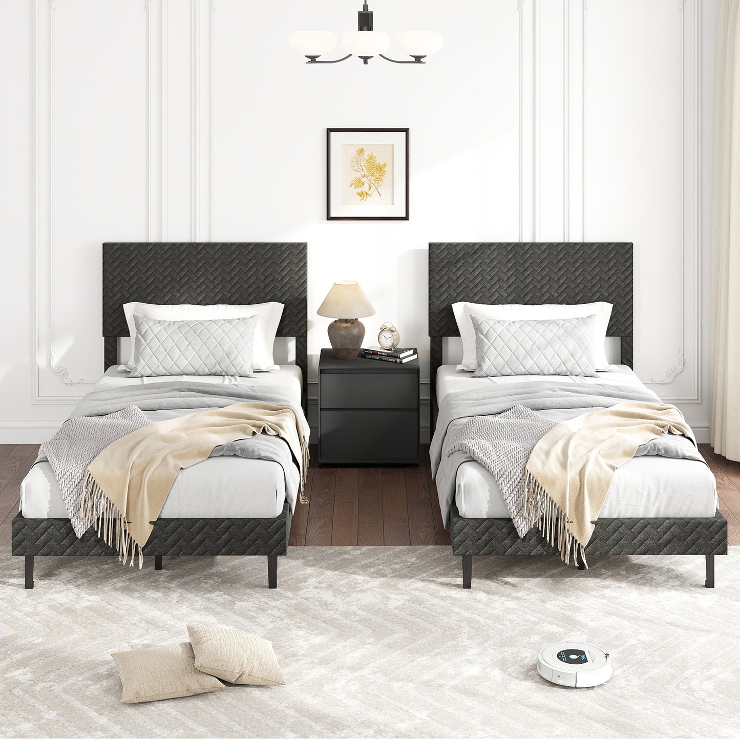 Full Size Velvet Bed Frame Upholstered Platform Bed with Chevron Headboard Gray