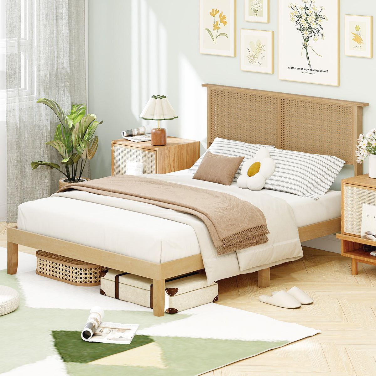 Full size bed frame with rattan headboard, featuring a simple design ideal for bedroom furniture from Wilsons Home Store.