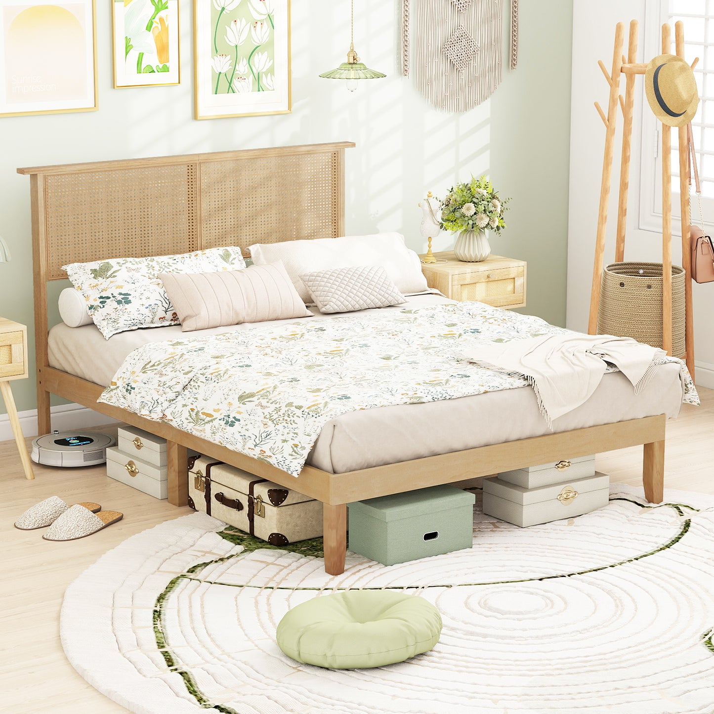 Full size bed frame with rattan headboard, wooden furniture for bedroom, simple design, by Wilsons Home Store.