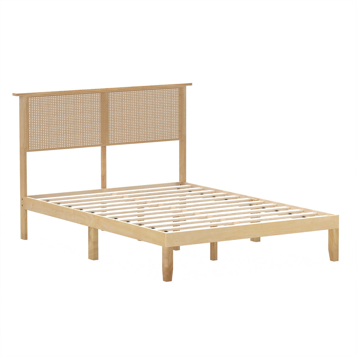Full size bed frame with rattan headboard, wooden furniture, simple design, suitable for bedroom decor.