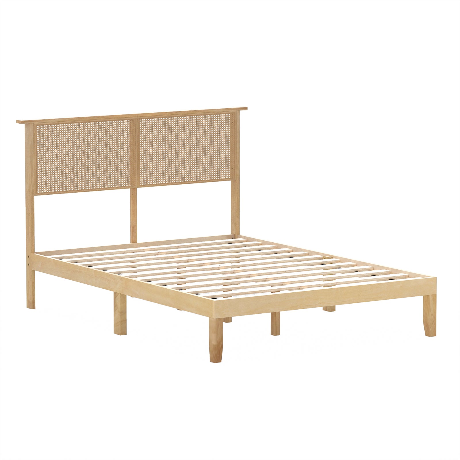 Full size bed frame with rattan headboard, wooden furniture, simple design, suitable for bedroom decor.