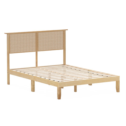 Full size bed frame with rattan headboard, wooden furniture, simple design, suitable for bedroom decor.