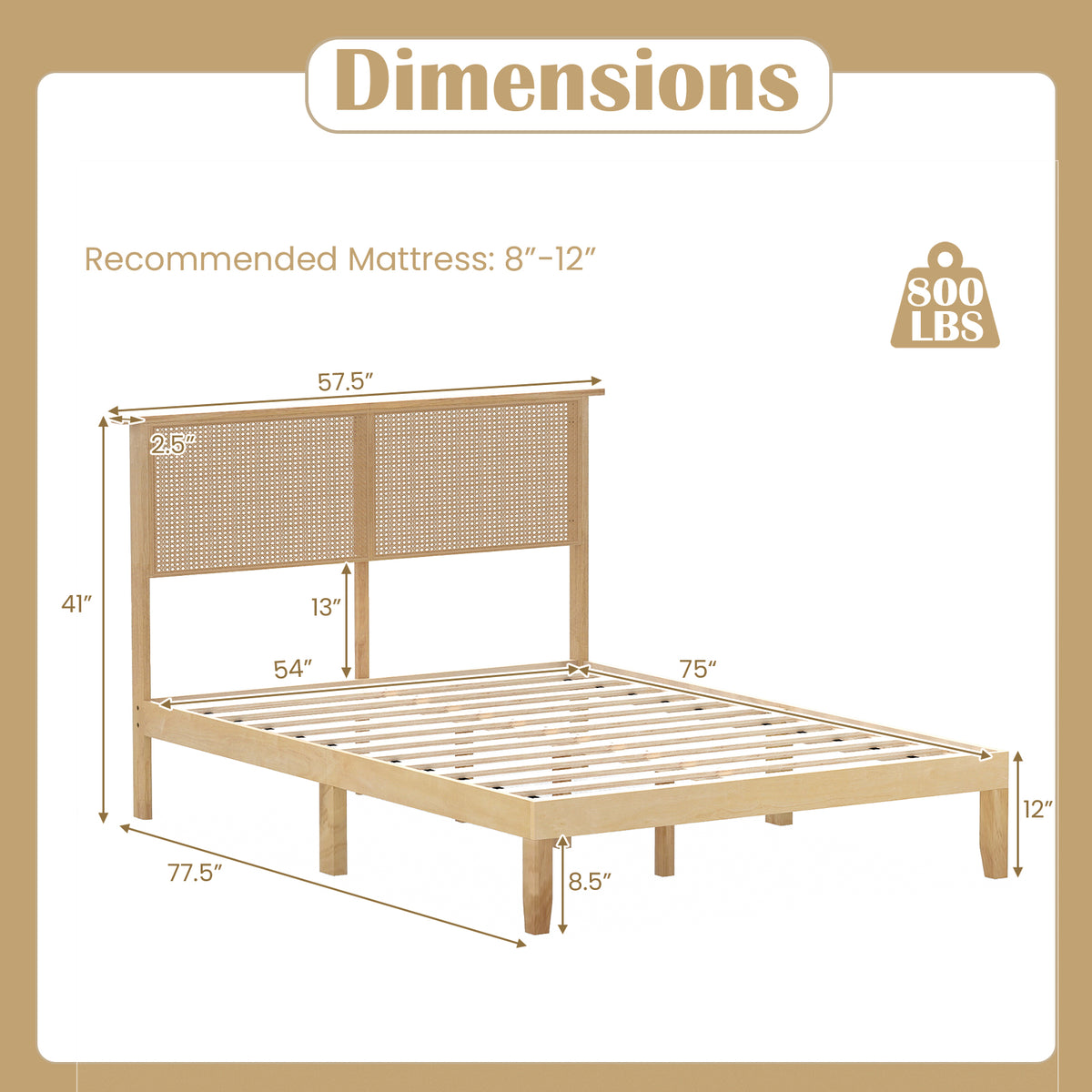 Full size bed frame with rattan headboard, wooden structure, simple design, suitable for bedroom decor.