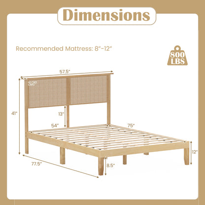 Full size bed frame with rattan headboard, wooden structure, simple design, suitable for bedroom decor.