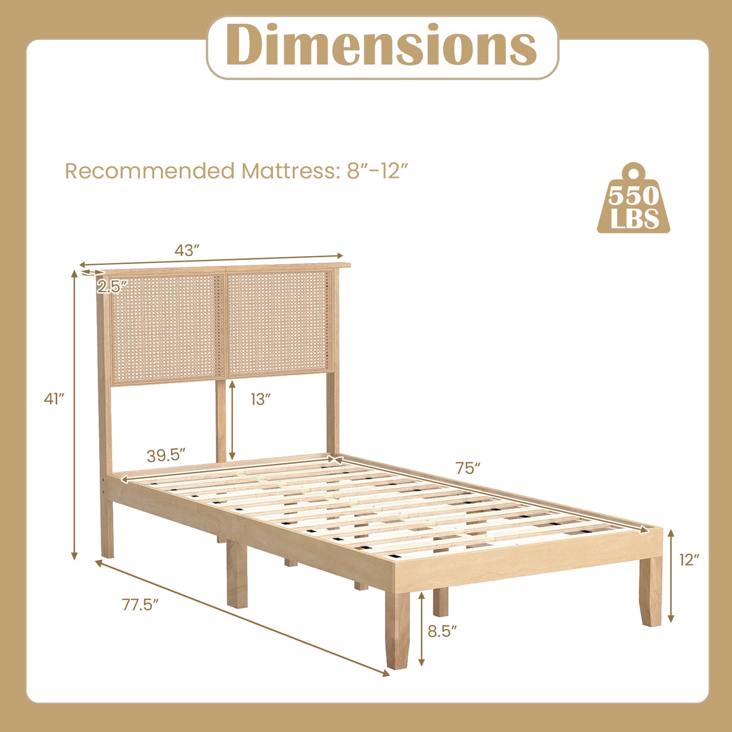 Twin/Full/Queen Size Bed Frame with Rattan Headboard-Twin Size