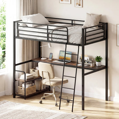 Twin Loft Bed with Desk and Shelves for Kids and Adults-Rustic Brown