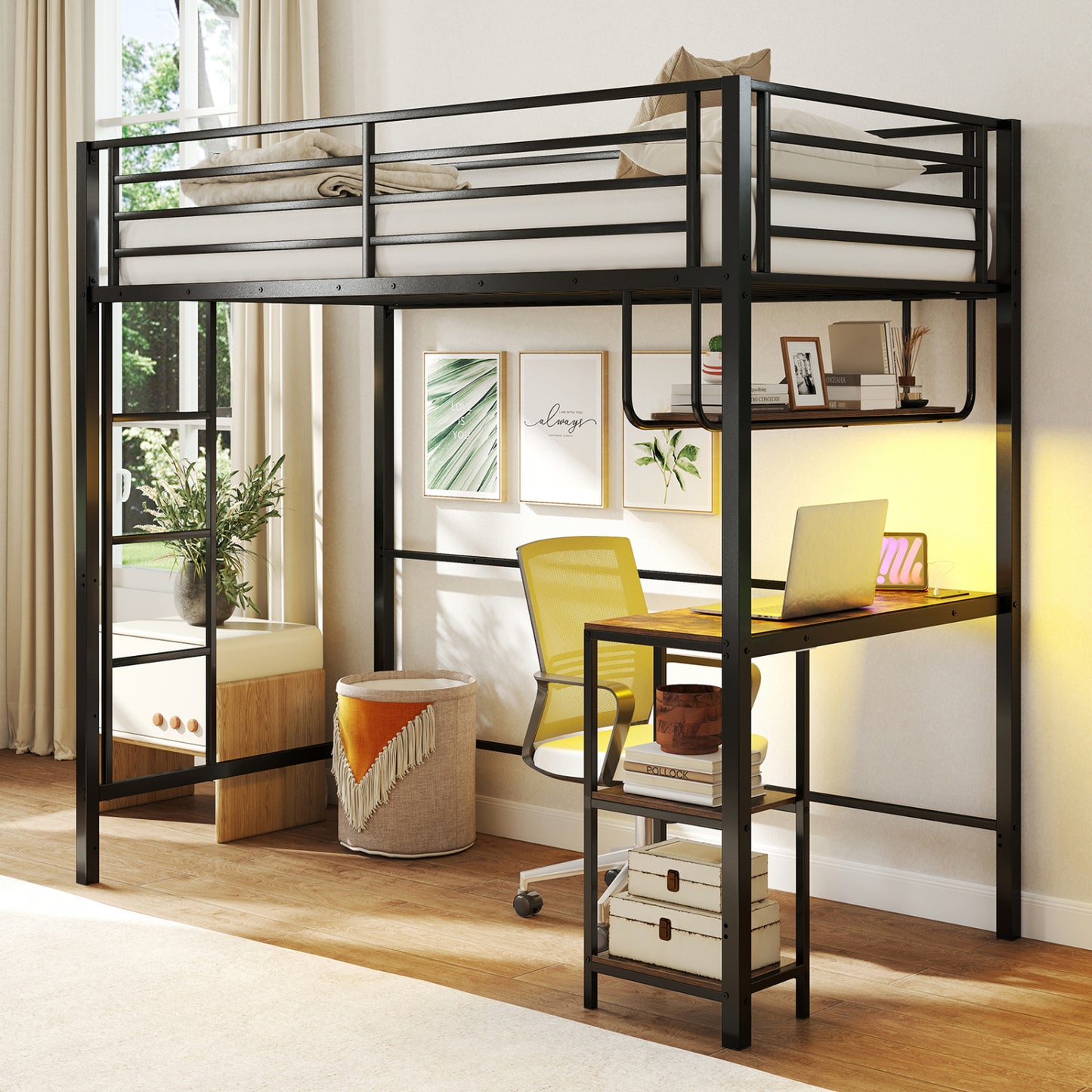 Black twin loft bed with desk, LED lights, charging station, and heavy-duty metal frame with guardrail for safety.