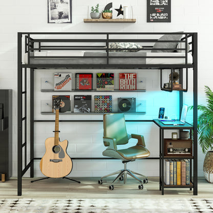 Black twin loft bed with desk, LED lights, charging station, heavy-duty metal frame, and guardrail, ideal for bedroom furniture.
