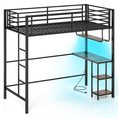 Black twin loft bed with desk, LED lights, charging station, heavy-duty metal frame, guardrail, ideal for bedroom furniture.