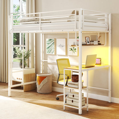 Black twin loft bed with built-in desk, LED lights, charging station, heavy-duty metal frame, and guardrail for safety.