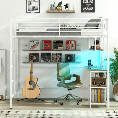 Black twin loft bed with built-in desk, LED lights, charging station, heavy-duty metal frame, and guardrail for safety.