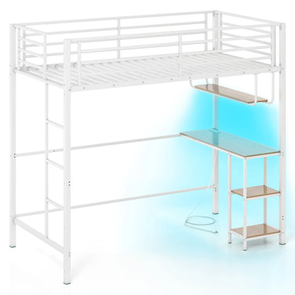 Black twin loft bed with desk, LED lights, charging station, heavy-duty metal frame, guardrail, ideal for bedroom bunk bed setup.