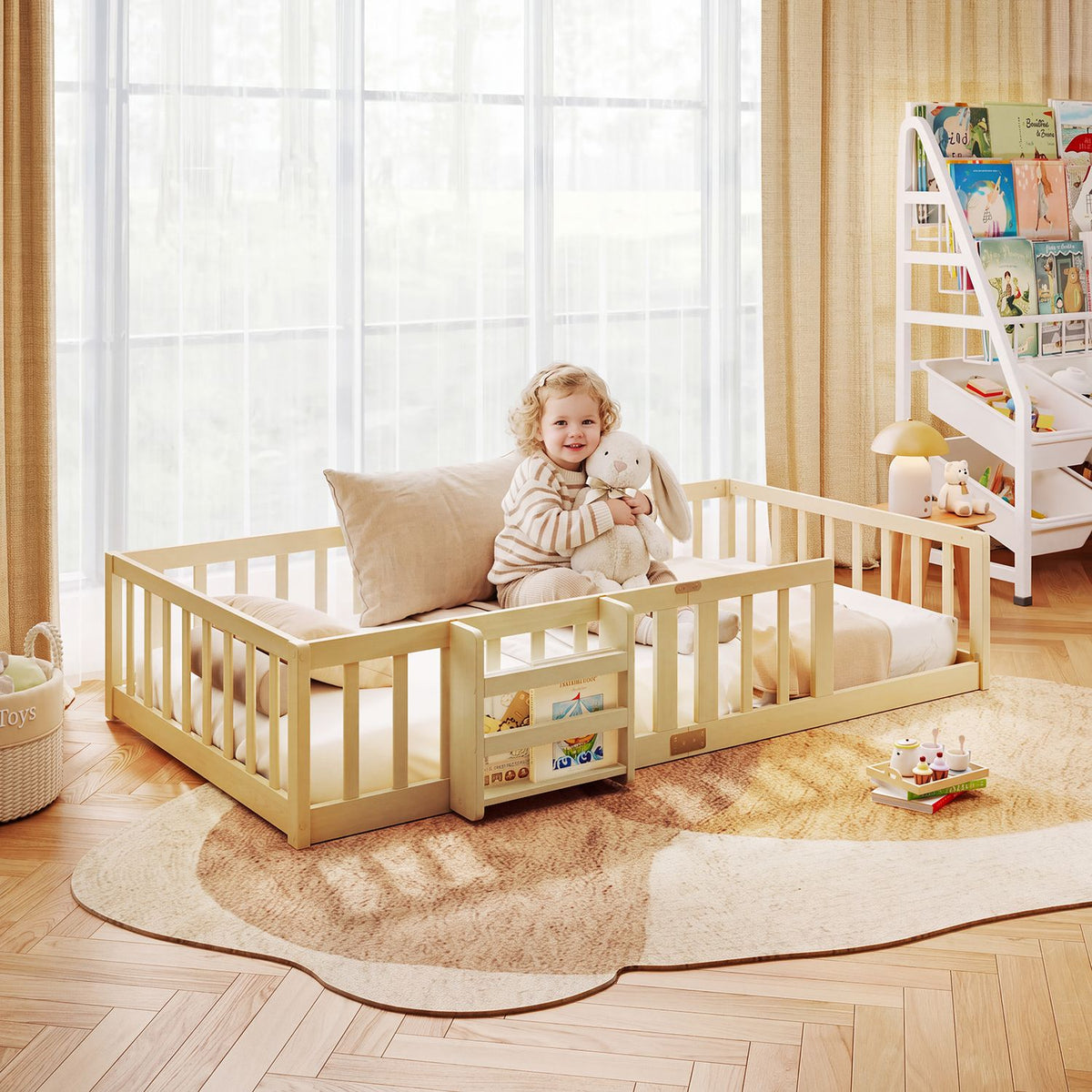 Twin Montessori Floor Bed with Bookshelf Door Plywood Crossbars Safety Guardrails-Natural