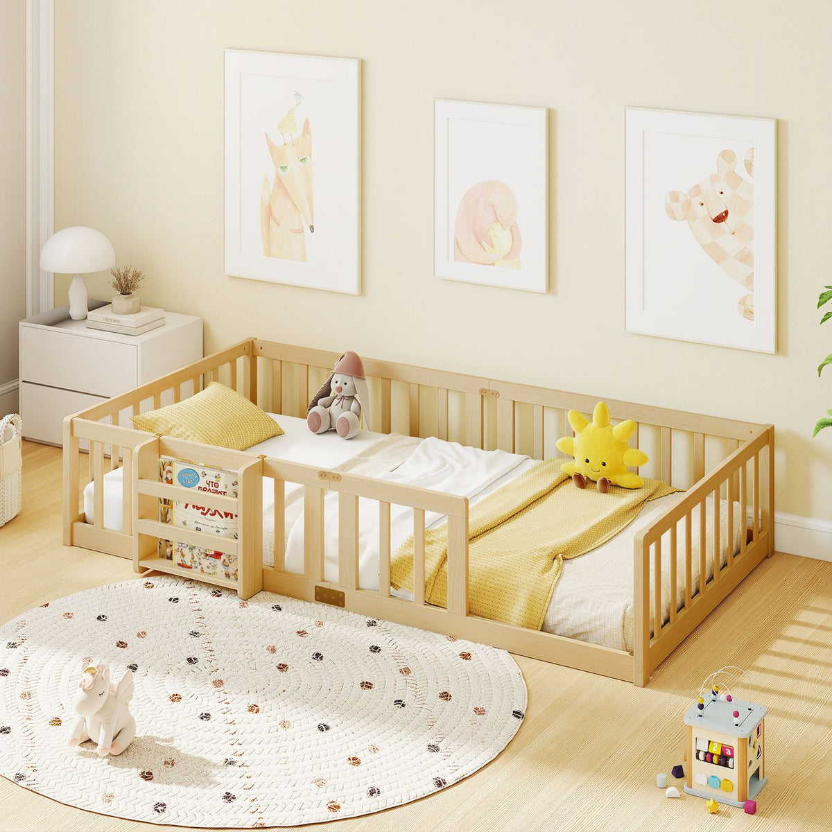 Twin Montessori Floor Bed with Bookshelf Door Plywood Crossbars Safety Guardrails-Natural