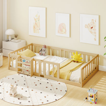 Twin Montessori Floor Bed with Bookshelf Door Plywood Crossbars Safety Guardrails-Natural
