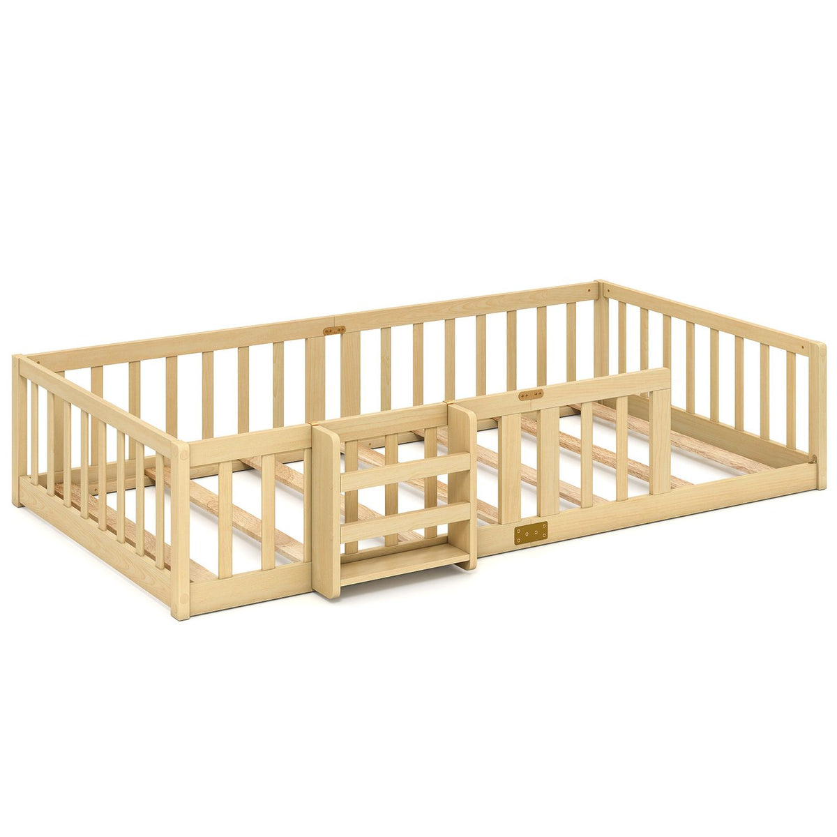 Twin Montessori Floor Bed with Bookshelf Door Plywood Crossbars Safety Guardrails-Natural
