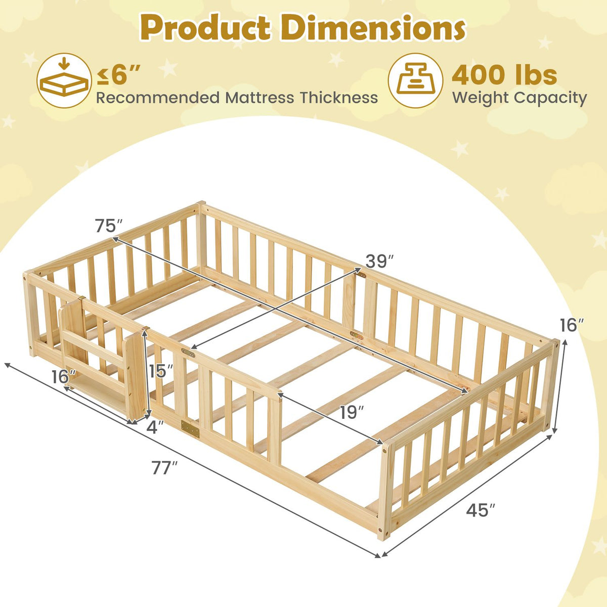 Twin Montessori Floor Bed with Bookshelf Door Plywood Crossbars Safety Guardrails-Natural