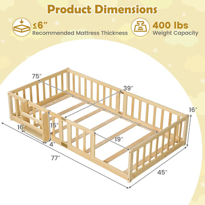 Twin Montessori Floor Bed with Bookshelf Door Plywood Crossbars Safety Guardrails-Natural