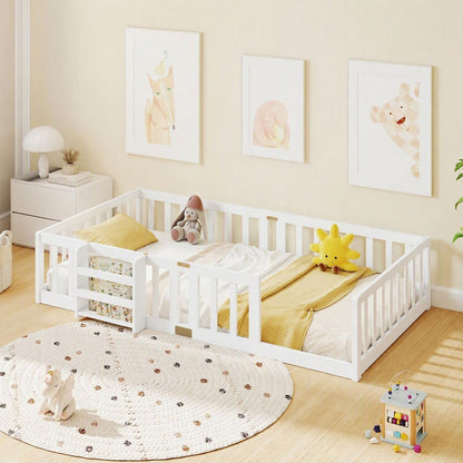 Twin Montessori Floor Bed with Bookshelf Door Plywood Crossbars Safety Guardrails-Natural