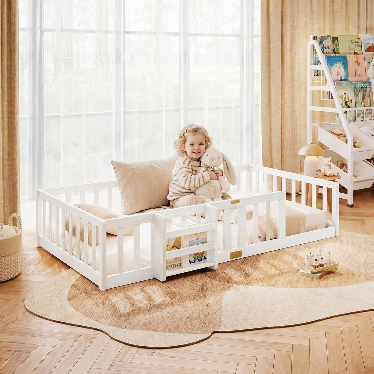 Twin Montessori Floor Bed with Bookshelf Door Plywood Crossbars Safety Guardrails-Natural