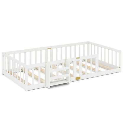 Twin Montessori Floor Bed with Bookshelf Door Plywood Crossbars Safety Guardrails-Natural