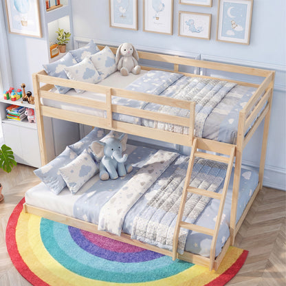 Twin Over Full Bunk Bed Low Floor Bunk Bed Frame-Natural