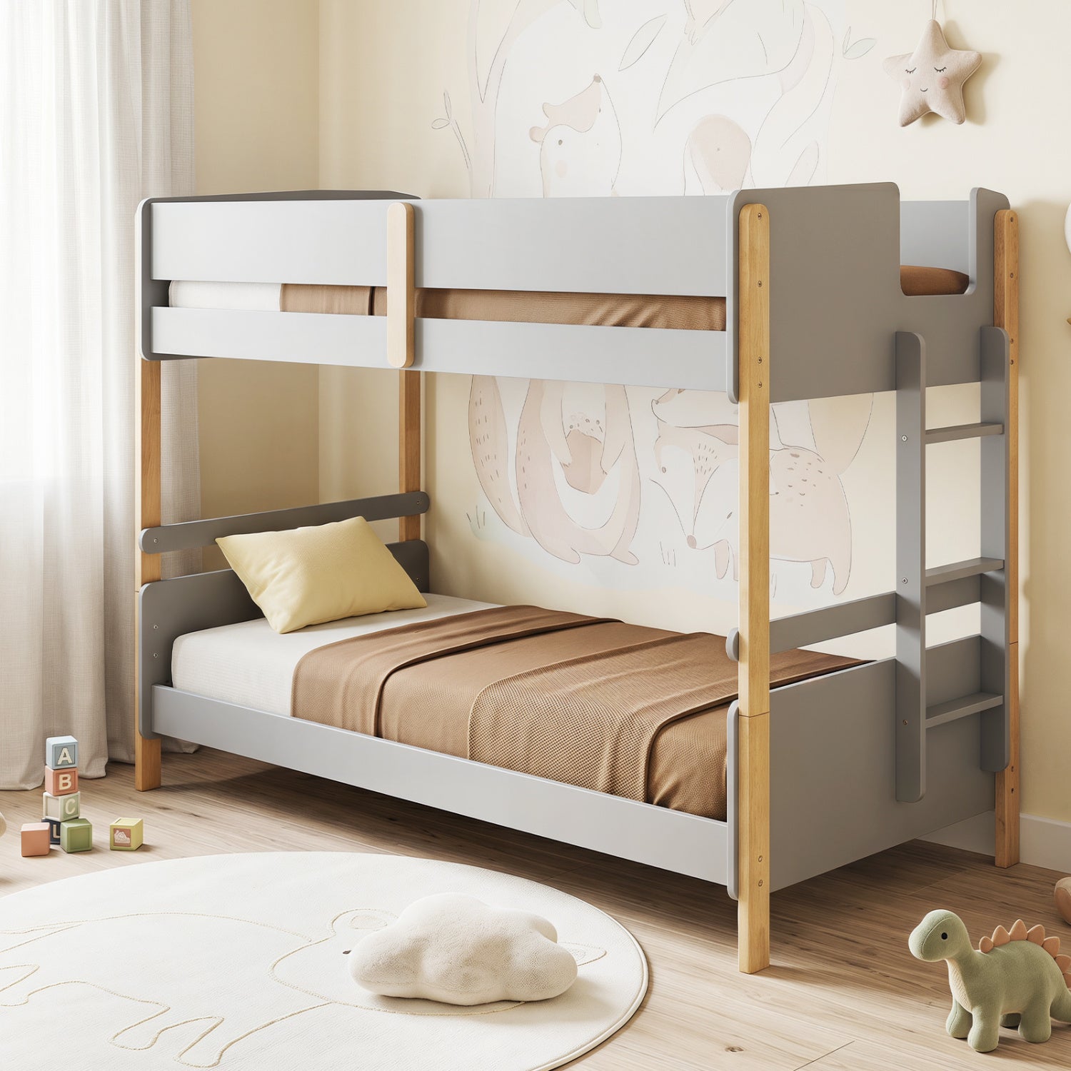 Grey twin over twin wooden bunk bed with ladder, convertible to two separate toddler beds, sturdy toddler and kids furniture.