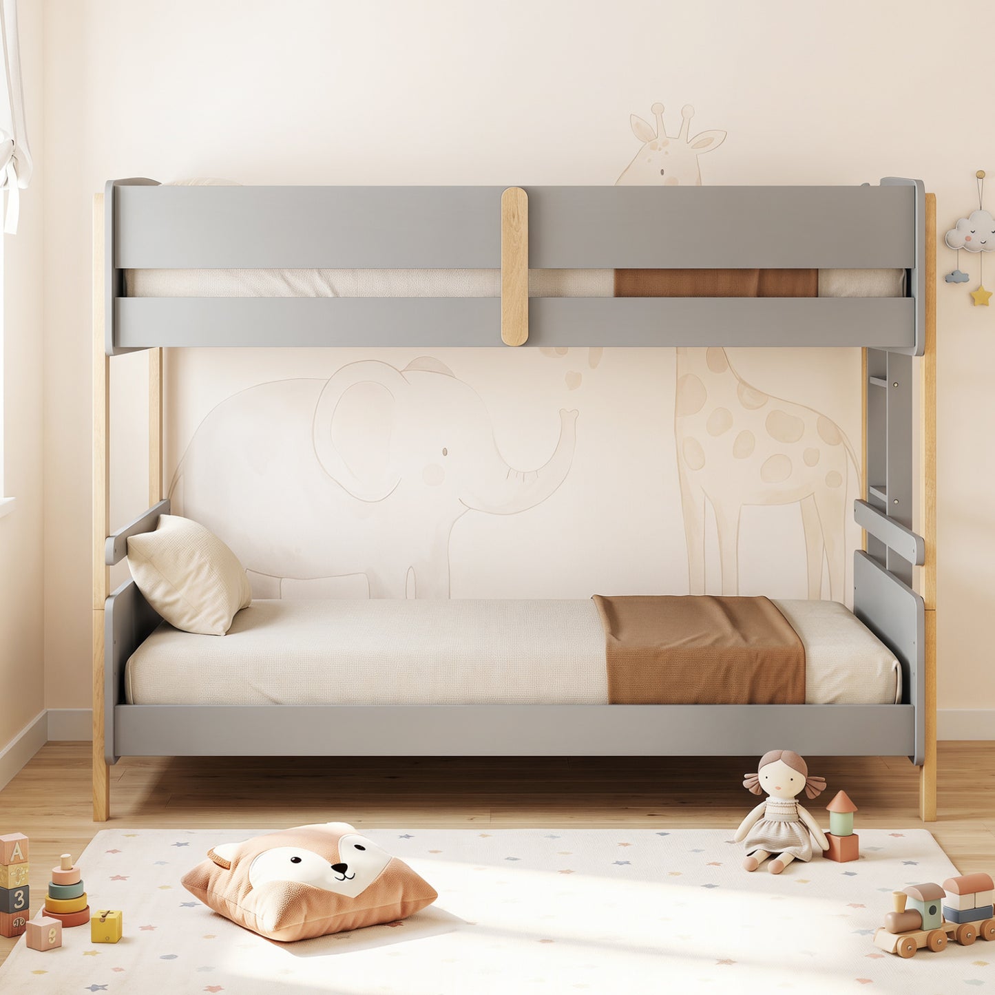 Gray twin over twin wooden bunk bed with ladder, convertible to two separate toddler beds, perfect for kids' bedroom.