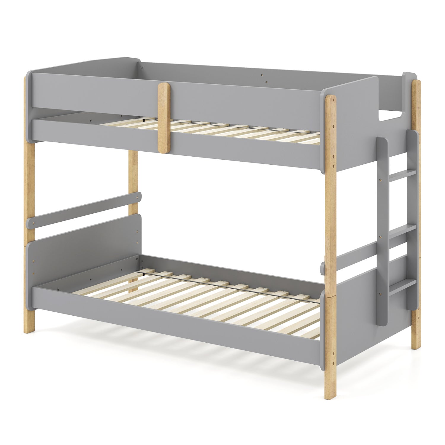 Grey twin over twin wooden bunk bed with ladder, convertible to two separate toddler beds, suitable for kids' bedroom furniture.