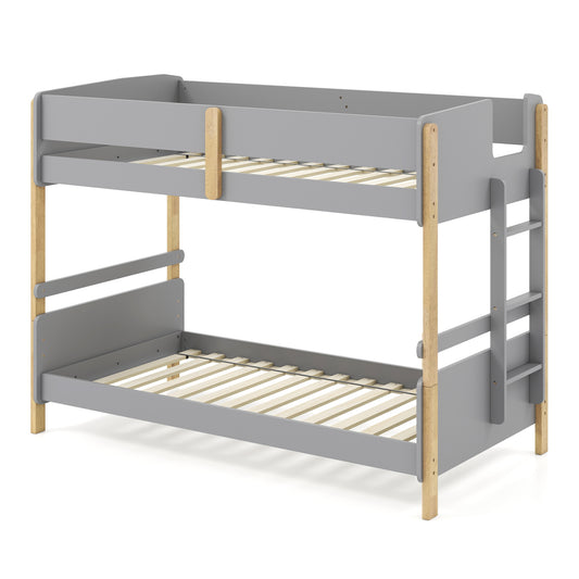 Grey twin over twin wooden bunk bed with ladder, convertible to two separate toddler beds, suitable for kids' bedroom furniture.