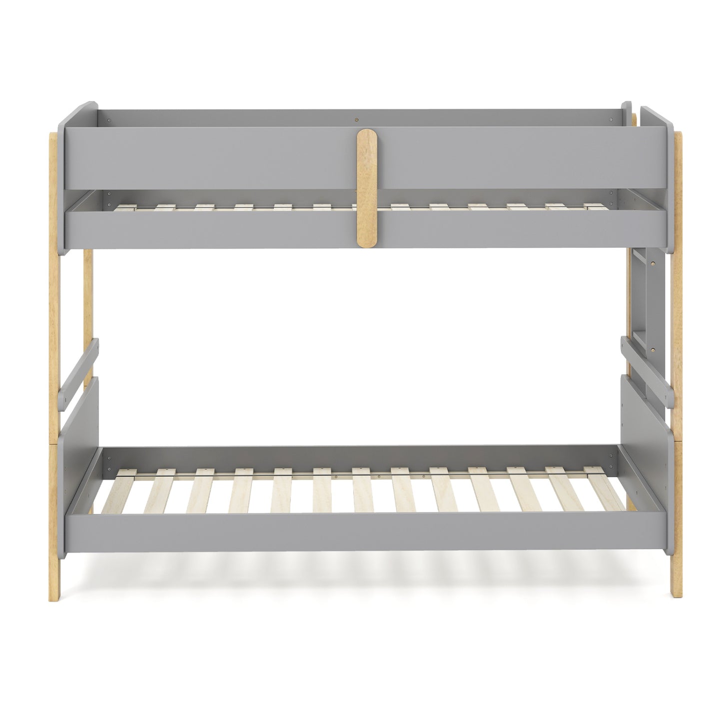Grey twin over twin wooden bunk bed with ladder, convertible to two separate toddler beds, ideal for kids' bedroom furniture.