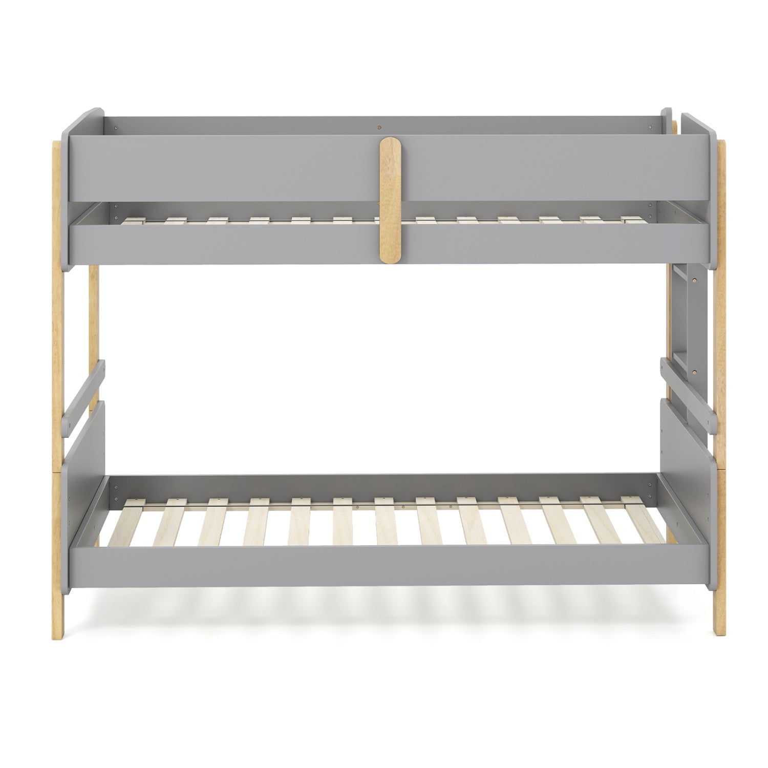 Grey twin over twin wooden bunk bed with ladder, convertible to two separate toddler beds, ideal for kids' bedroom furniture.