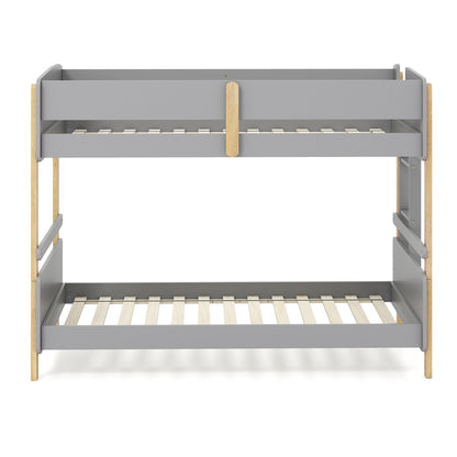 Grey twin over twin wooden bunk bed with ladder, convertible to two separate toddler beds, ideal for kids' bedroom furniture.