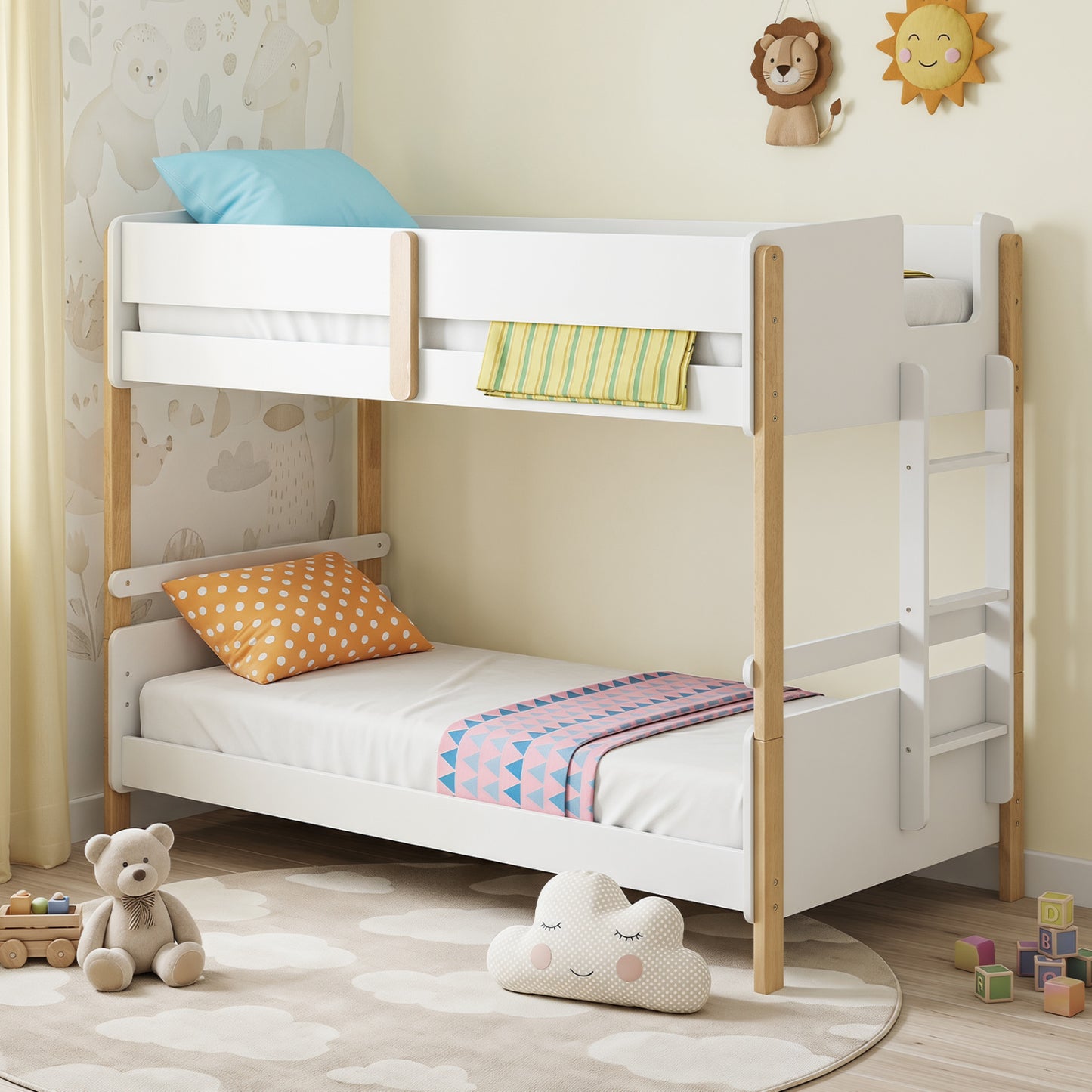 Grey twin over twin wood bunk bed with ladder, convertible to two separate toddler beds, suitable for kids' bedroom furniture.