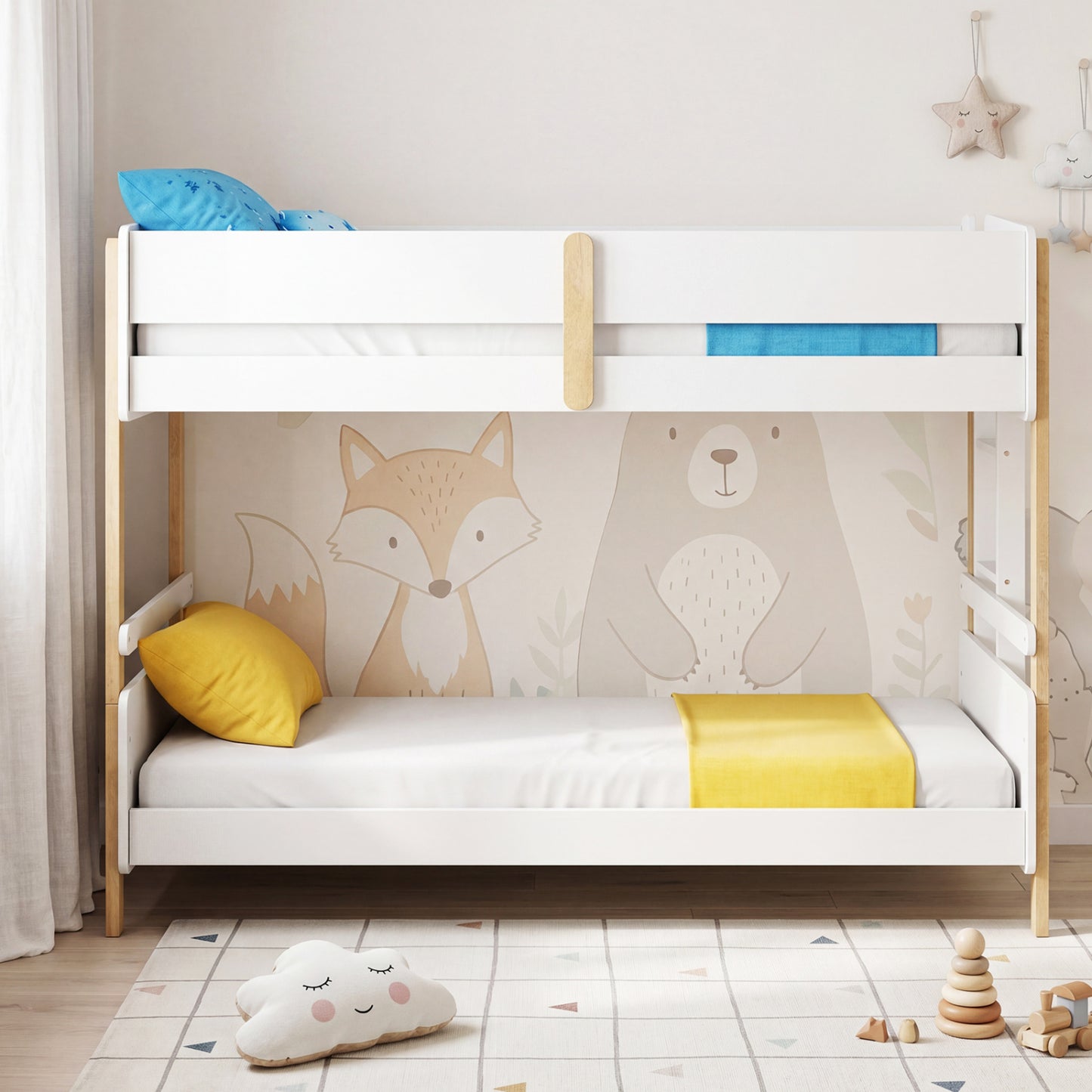 Grey twin over twin wooden bunk bed with ladder, convertible to two separate toddler beds, suitable for kids' bedroom furniture.