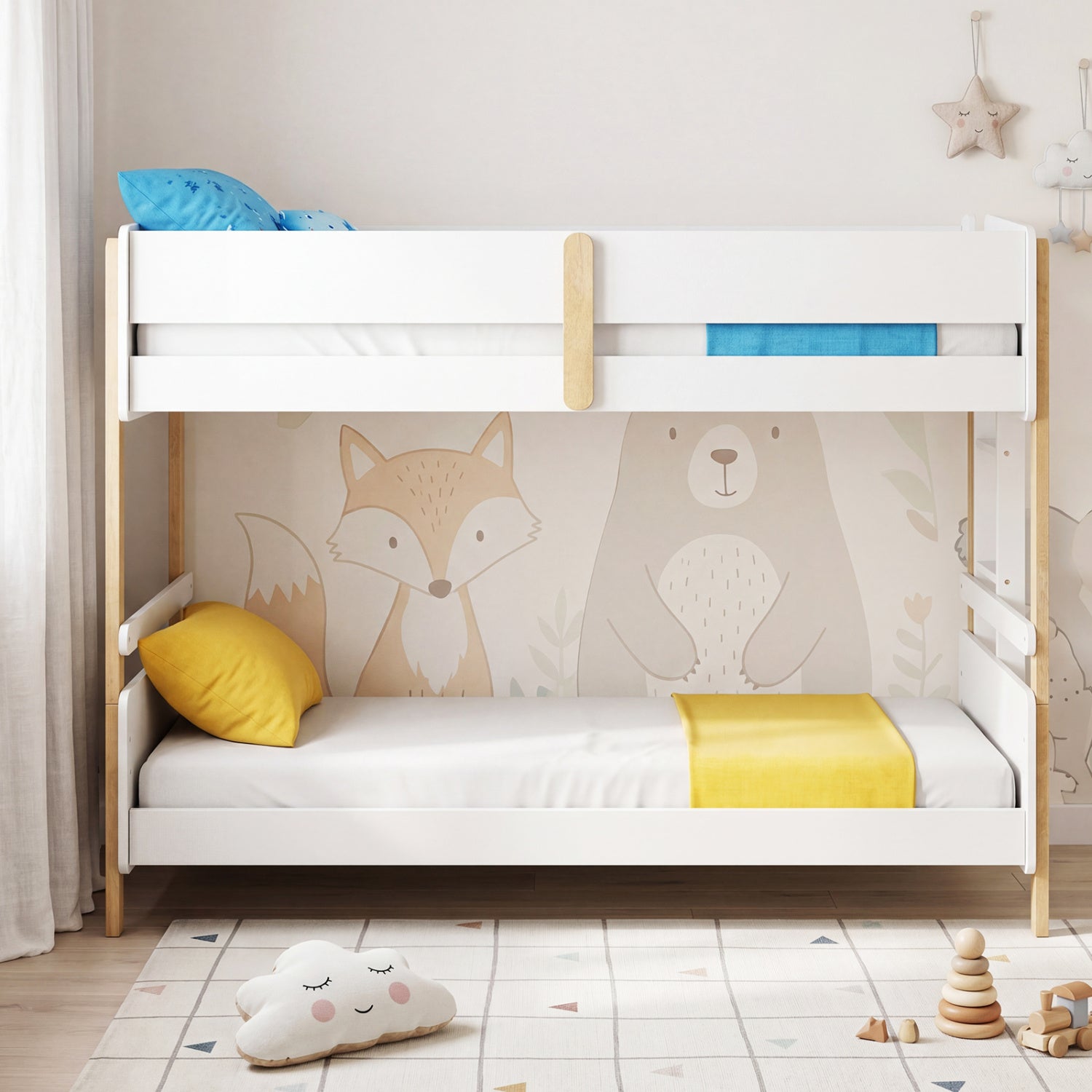 Grey twin over twin wooden bunk bed with ladder, convertible to two separate toddler beds, suitable for kids' bedroom furniture.