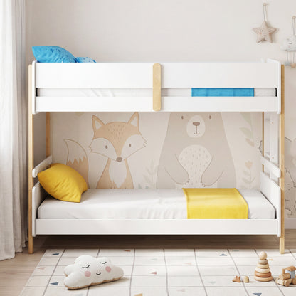 Grey twin over twin wooden bunk bed with ladder, convertible to two separate toddler beds, suitable for kids' bedroom furniture.